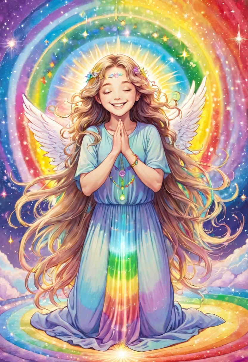 An angel rejoicing with the earth, long hair in rainbow colors in pastel colors, praying, holding a chakra stick, mandala, big rainbow lights, happiness, smile, love