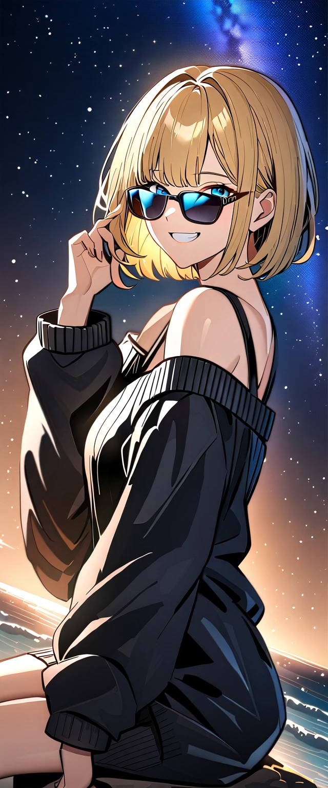 ((grin)), ((off-shoulder sweater:1.3, Quite thick shoulder straps)), ((black sweater)), ((sunglasses, hand to sunglasses)), (((from side))), ((((upper body)))), ((Leaning to side)), (((a beautiful starry sky, the Milky Way shining beautifully in the night))), ((sitting on the very high cliff)), wavy hair, inward curled hair, sea, ((blond hair, bob cut:1.3)), breasts, teenager, (looking at viewer), oversized clothes, puffy long sleeves, collarbone, head tilt:1.3, (((blue eyes))), happy smile, (((anime style))), (best quality, 4K, 8K, highres, masterpiece:1.2, ultra-detailed, ultra-detailed eyes, HDR, uhd, studio lighting, ultra-fine painting, sharp focus, physically-based rendering, extreme detail description, professional, vivid colors, bokeh)