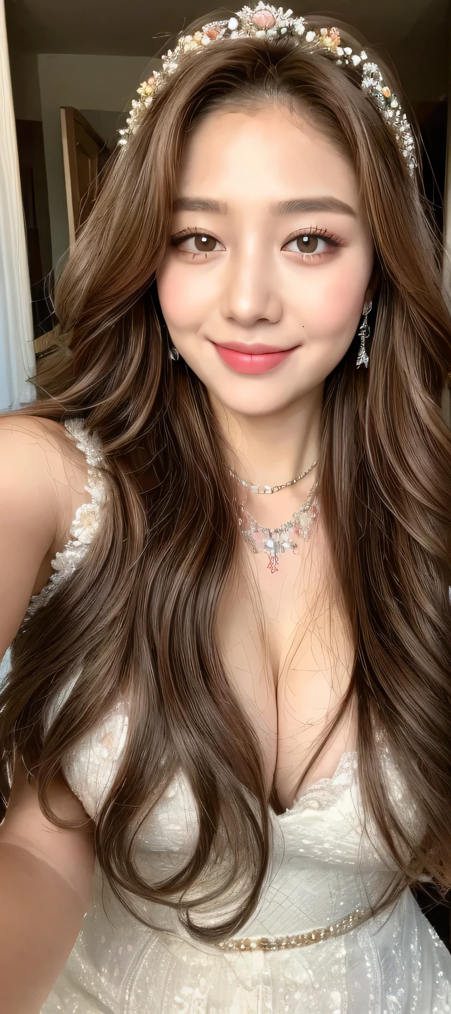 ((Highest quality, 8K, masterpiece: 1.3)), One girl, Perfect Body Beauty: 1.3, ( Random thick diva hairstyle casual), (( Long wavy brown hair)), (Queen), (Exposed ), (Wedding dress), Super detailed face, Beautiful Eyes, double eyelid, smile, Short skirt, Lace panties, Ea necklace, Crown,