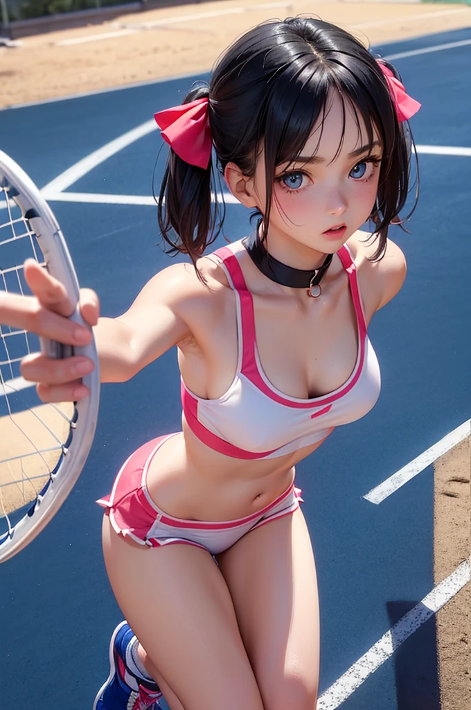 blue eyes, hair ornaments, Hair Ribbon,Show your forehead、short hair、Twin tails、 Random color tennis wear, clavicle, View your viewers,, Thighs, blush,, Lace choker, short hair,, No bra,,Highly detailed skin, Highly detailed face, (beautiful Fine grain, the girl, Red cheeks), (A girl is standing), The girl is a cute 18-year-old tennis player.,  (Not wearing a bra,, ((Tennis shoes)), The girl has a toned figure., Pink tennis wear, Sun visor, 汗y hair and body, Wipe your 汗 with a wristband, Tennis court, ((I took the photo from the front、Girls&#39;Includes the whole body)), flowing、Fine grain, Perfect functionality, ( Highest quality, good quality:1.4), Intricate details,Closely、Embarrassed expression、blush、Gestures to seduce a man、Shining Sweat、Perfect Skin,Sweat is noticeable、ThighsのSweat is noticeable、 Fair skin,Tight waist, Sweating profusely、Sweaty hair、Sweaty clothes、Sweaty、Visible sweat、rain-wet hair、A vast Western church with stained glass windows、Holding a Japanese sword、Athlete System、cherry blossoms、Blonde、Silver Hair