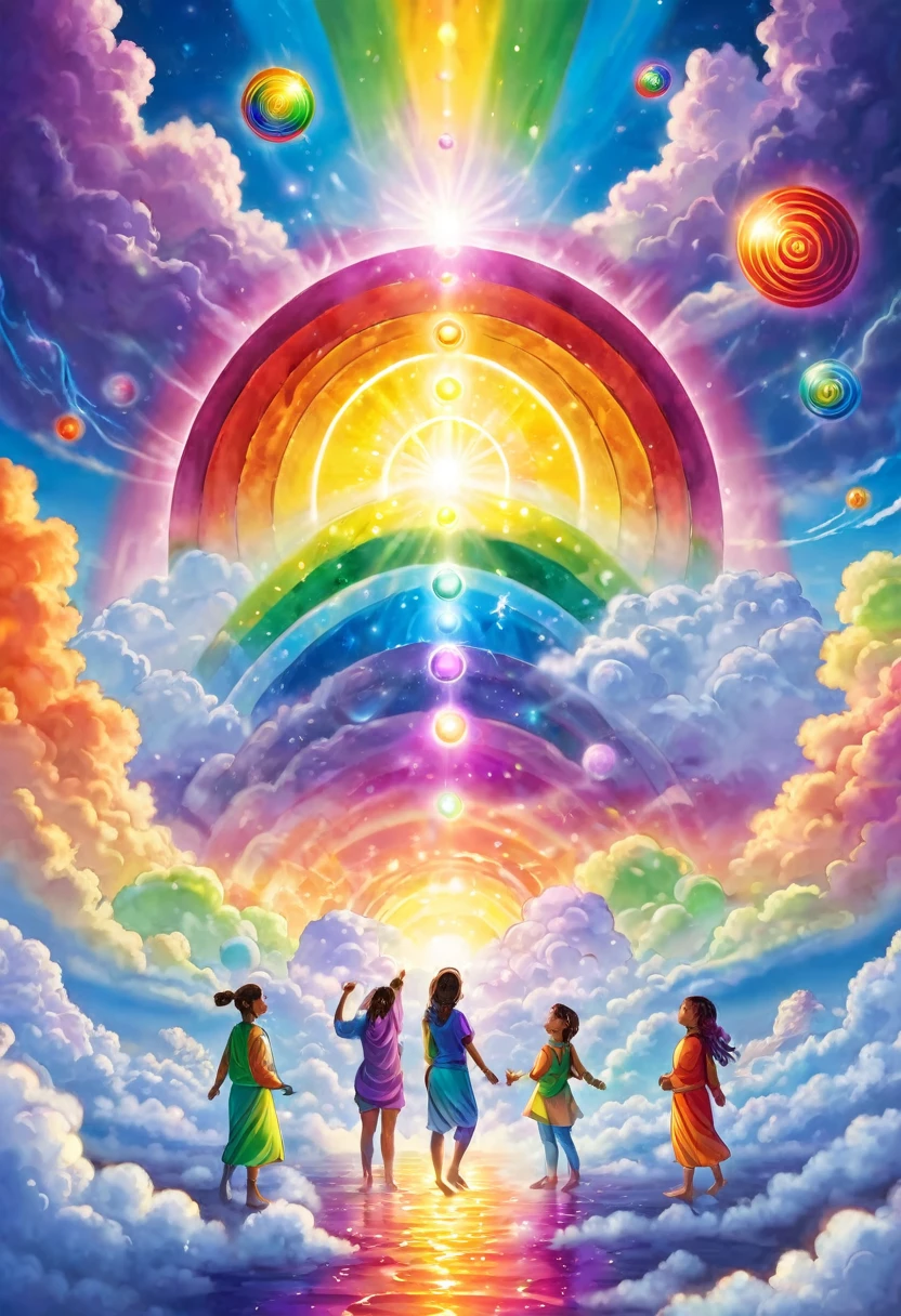 Students learning chakra healing, magic school, chakras floating and glowing, above the clouds, smiling faces, spheres of light, rainbow colored lights, the light rises
