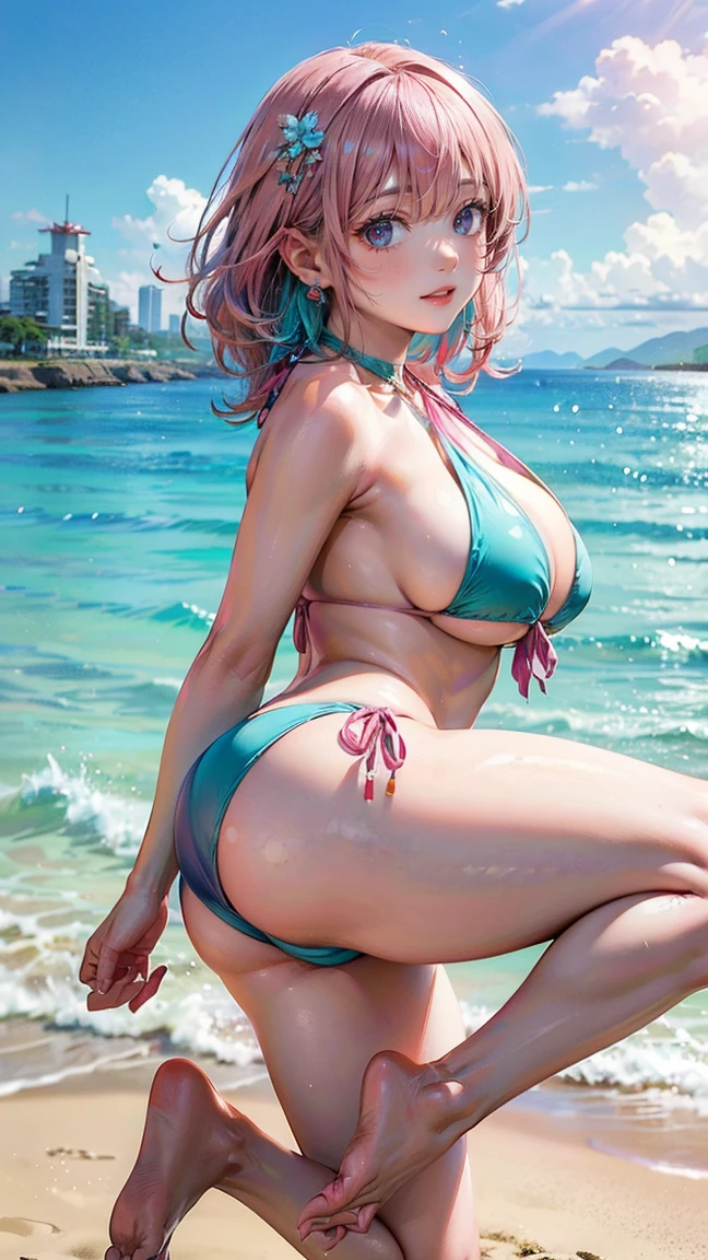 (Masterpiece, BestQuality:1.3), (ultra detailed:1.2), (hyperrealistic:1.3), (RAW photo:1.2), High detail RAW color photo, professional photograph, (Photorealistic:1.4), (realistic:1.4), (Pink Hair:1.5), professional lighting, perfect anatomy, (Big Breasts:1.2), (blush, detailed face), (A happy smile:1.7), sexly, erotic sexly, Random sexy gravure poses, (Beautiful woman wearing a lavender halter bikini、Looking back at the beach、Turquoise Earrings、Pose with one leg raised。:1.3)