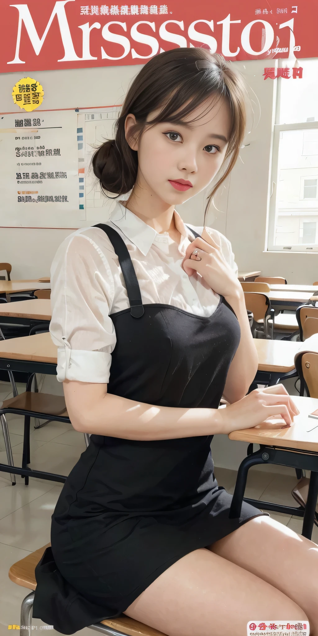 Magazine cover style illustration of a vibrant, stylish woman), (masterpiece,newest,exceptional:1.2),1girl,black ,classroom,