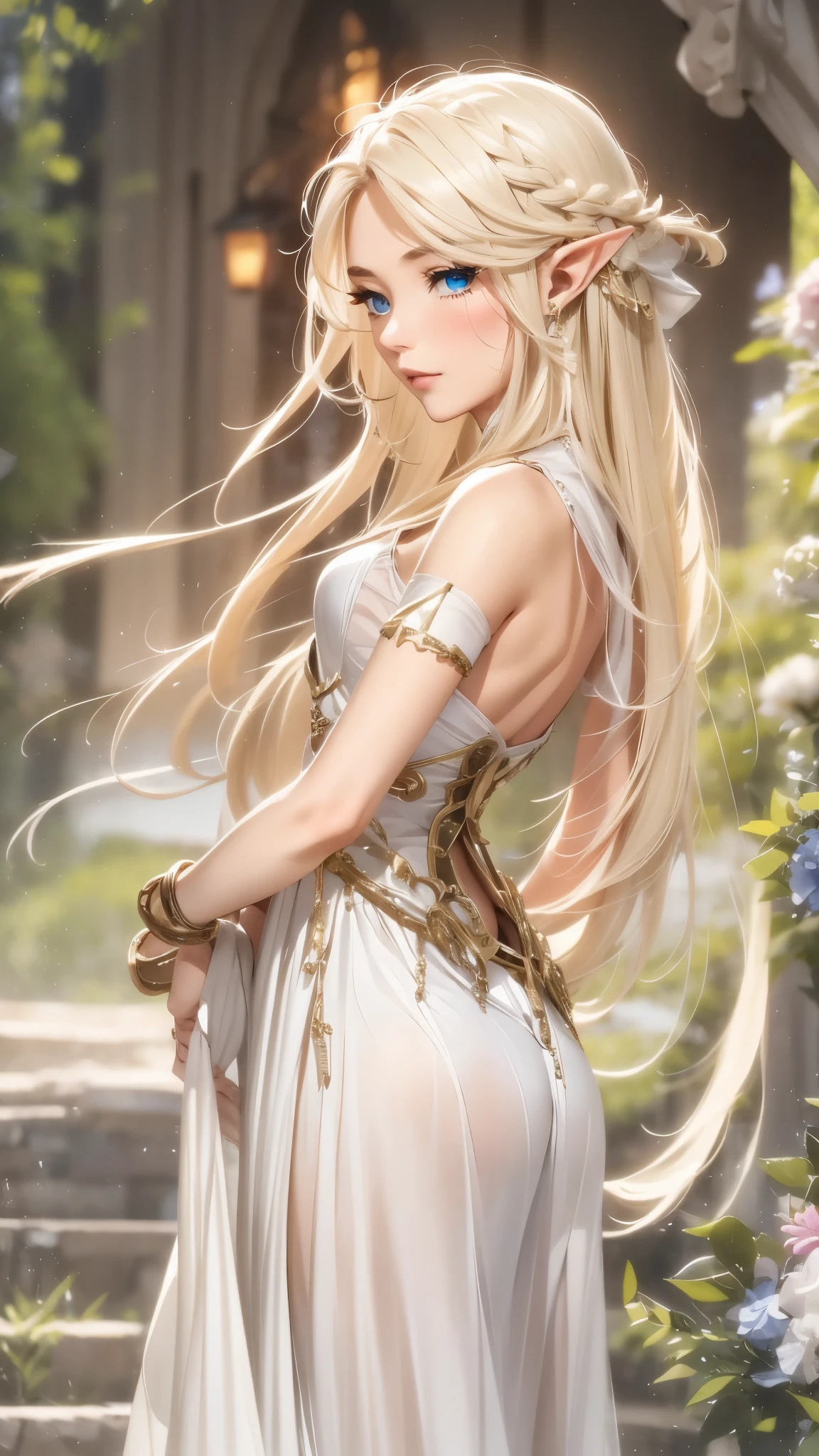1 girl, Beautiful elf lady, blonde Long straight hair, upturn elf pointy ears, sexy figure, hot body, very beautiful face, detailed face, delicate eyes, detailed pupil, beautiful and delicate lips, blush, shy, heart, in love, white camisole long skirt, Simple and stylish, small crystal earrings, hand drawn animation, high detailed, outdoor, symmetrical clothes, best quality, masterpiece, retina,