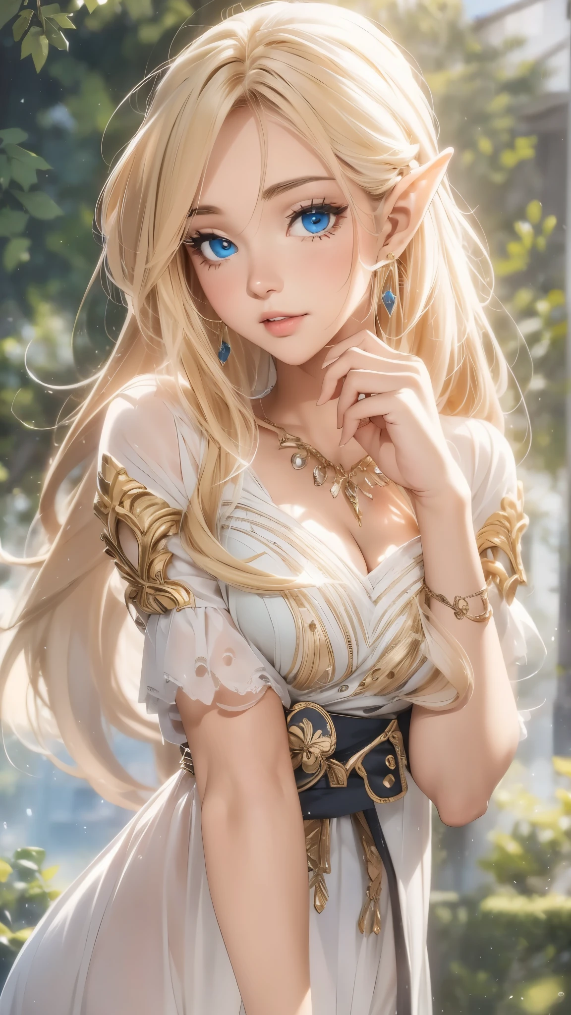 1 girl, Beautiful elf lady, blonde Long straight hair, upturn elf pointy ears, sexy figure, hot body, very beautiful face, detailed face, delicate eyes, detailed pupil, beautiful and delicate lips, blush, shy, heart, in love, white camisole long skirt, Simple and stylish, small crystal earrings, hand drawn animation, high detailed, outdoor, symmetrical clothes, best quality, masterpiece, retina,