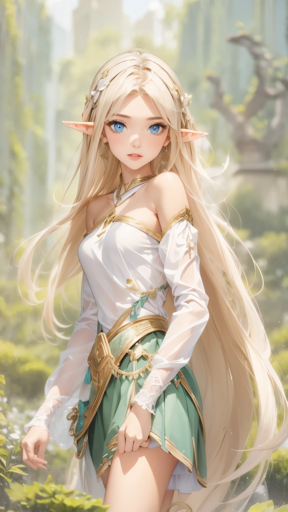 1 girl, Beautiful elf lady, blonde Long straight hair, upturn elf pointy ears, sexy figure, hot body, very beautiful face, detailed face, delicate eyes, detailed pupil, beautiful and delicate lips, blush, shy, heart, in love, white camisole long skirt, Simple and stylish, small crystal earrings, hand drawn animation, high detailed, outdoor, symmetrical clothes, best quality, masterpiece, retina,