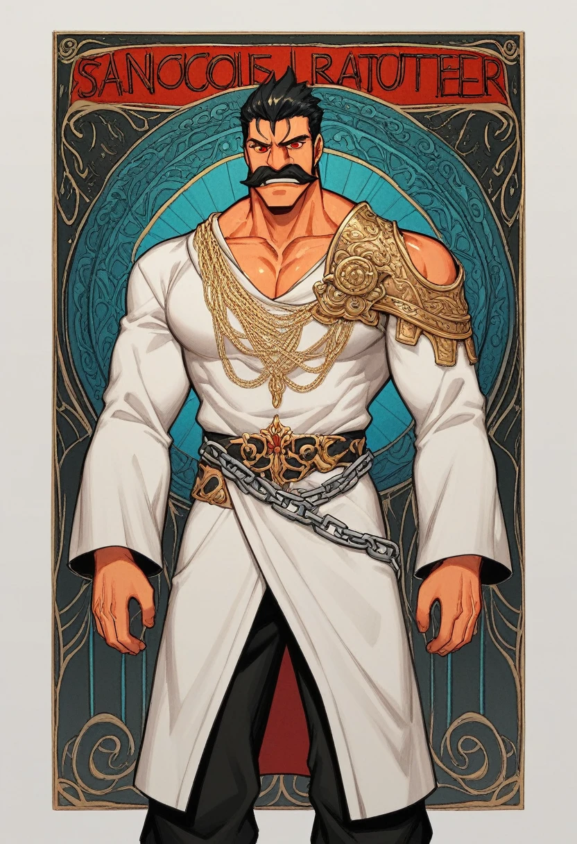 A striking, visually captivating illustration of a powerful Maratha warrior standing tall amidst dark clouds and heavy rain. His muscular, drenched body is adorned with massive chains at his arms, hips, and legs, while his glowing red eyes and fierce determination exude strength. With perfect facial features, a long handlebar mustache, and flowing drenched hair, he shouts in anger as he pulls the chains with immense strength. The golden hour's light illuminates him from behind, casting a dramatic rim light on his bulky frame, and the stormy atmosphere intensifies the dark fantasy scene. Clad in a white traditional dhoti-like pants and a torn white robe, the warrior's immense size and the gathering clouds create a mesmerizing visual experience that is both vibrant and cinematic, blending elements of painting, poster, and fashion into a concept, vibrant, poster, fashion, illustration, cinematic, painting, dark fantasy