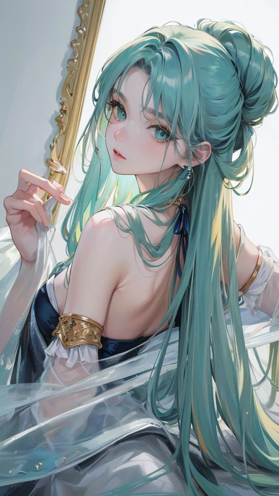 (Top resolution、Distinct_image)top-quality、femele、​masterpiece、highly detailed、Semi-realistic、green eyes、18year old、young、Exquisite facial features、Facial features、unique hairstyle, variations, potrait, white background,   dark blue hair , long straight hairstyles , light blonde hair ,cold expression