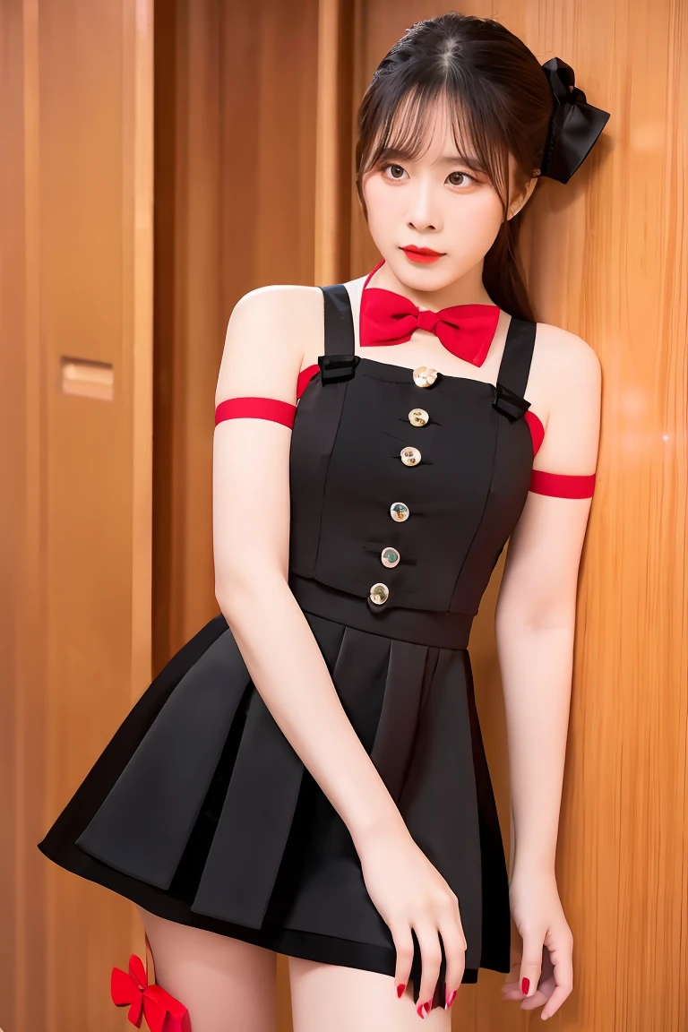 girl black short dress , red bow, 