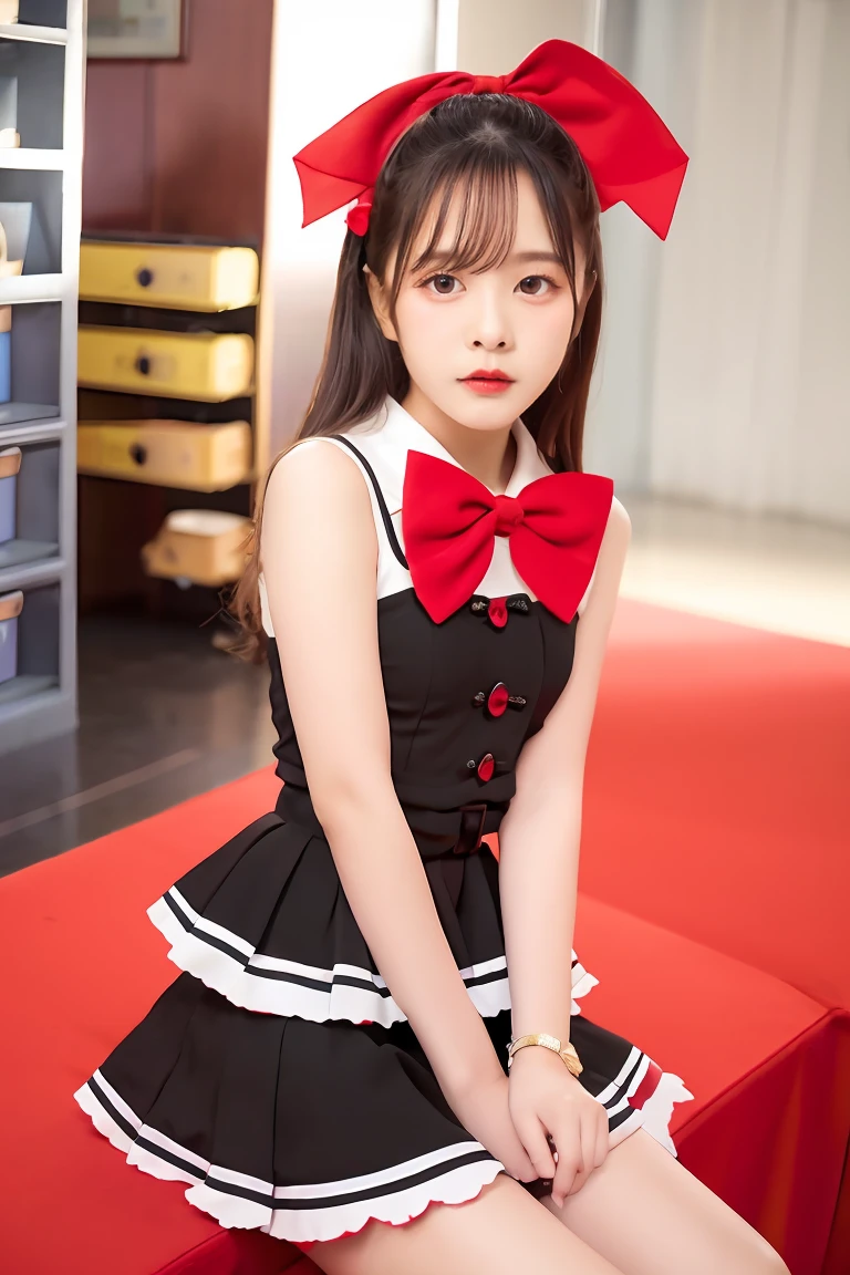 girl black short dress , red bow, 