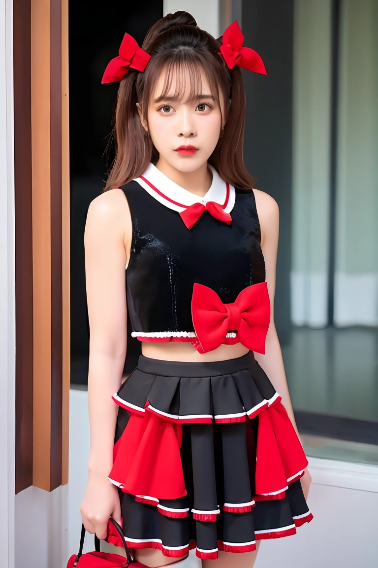 girl black short dress , red bow, 