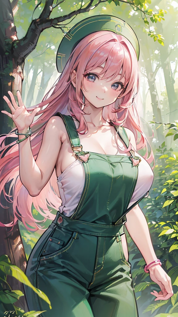 (Masterpiece, BestQuality:1.3), (ultra detailed:1.2), (hyperrealistic:1.3), (RAW photo:1.2), High detail RAW color photo, professional photograph, (Photorealistic:1.4), (realistic:1.4), (Pink Hair:1.5), professional lighting, perfect anatomy, (Big Breasts:1.2), (blush, detailed face), (A happy smile:1.7), sexly, erotic sexly, Random sexy gravure poses, (Beautiful woman wearing green overalls、A refreshing smile in the forest、Wooden Bracelet、Leaning against a tree pose。。:1.3)