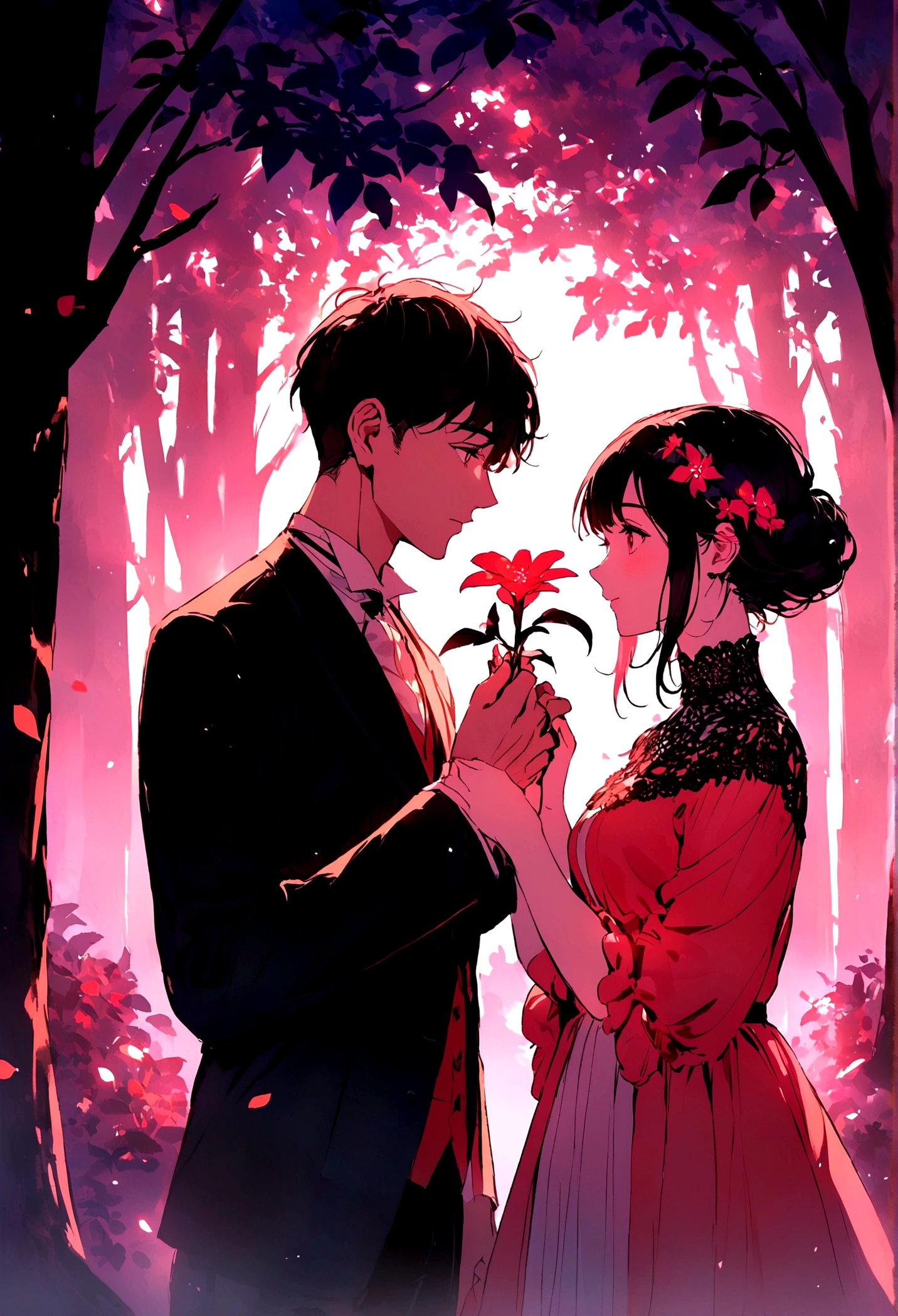picking flowers, In the woods, ,Vibrant colors,Soft lighting,Two people,A man and a woman holding hands
