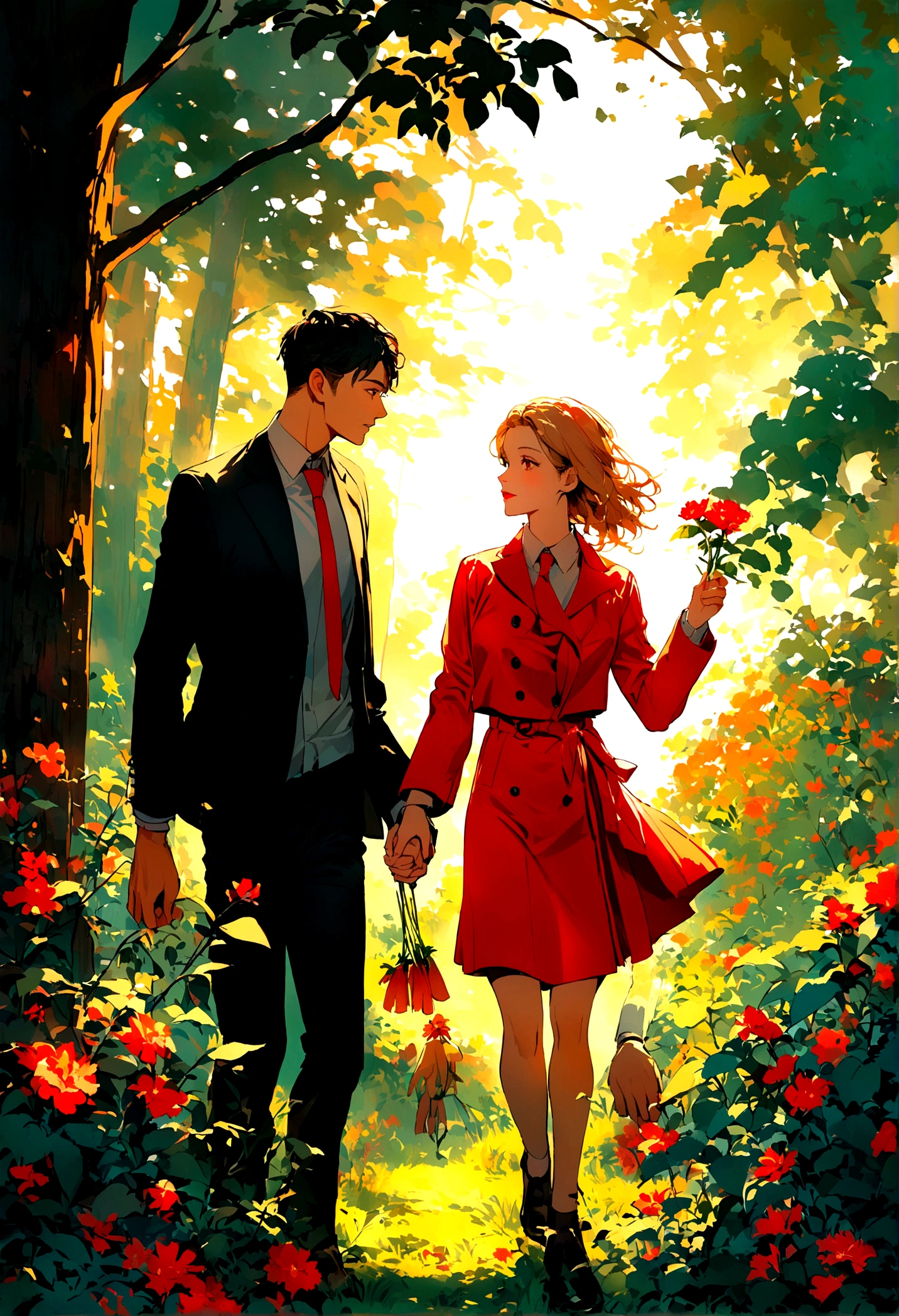 picking flowers, In the woods, ,Vibrant colors,Soft lighting，Two people，A man and a woman holding hands