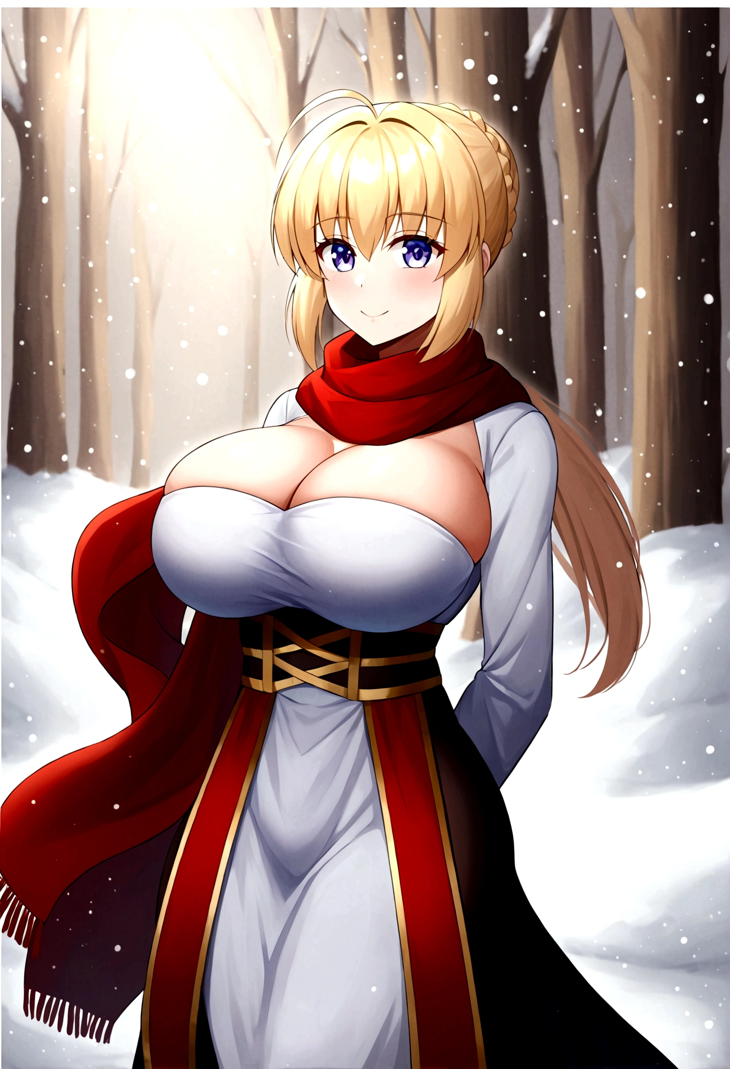 best quality Saber huge breasts noble outfit scarf snow  