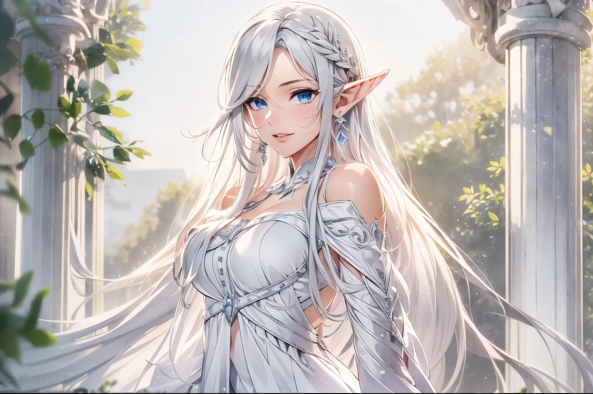 1 girl, Beautiful elf lady, silver white Long straight hair, upturn elf pointy ears, sexy figure, charming breast, white tone skin, very beautiful face, detailed face, delicate eyes, detailed pupil, beautiful and delicate lips, blush, shy, heart, in love, light smile, white camisole long skirt, Simple and stylish, small crystal earrings, hand drawn animation, high detailed, outdoor, symmetrical clothes, best quality, masterpiece, retina,