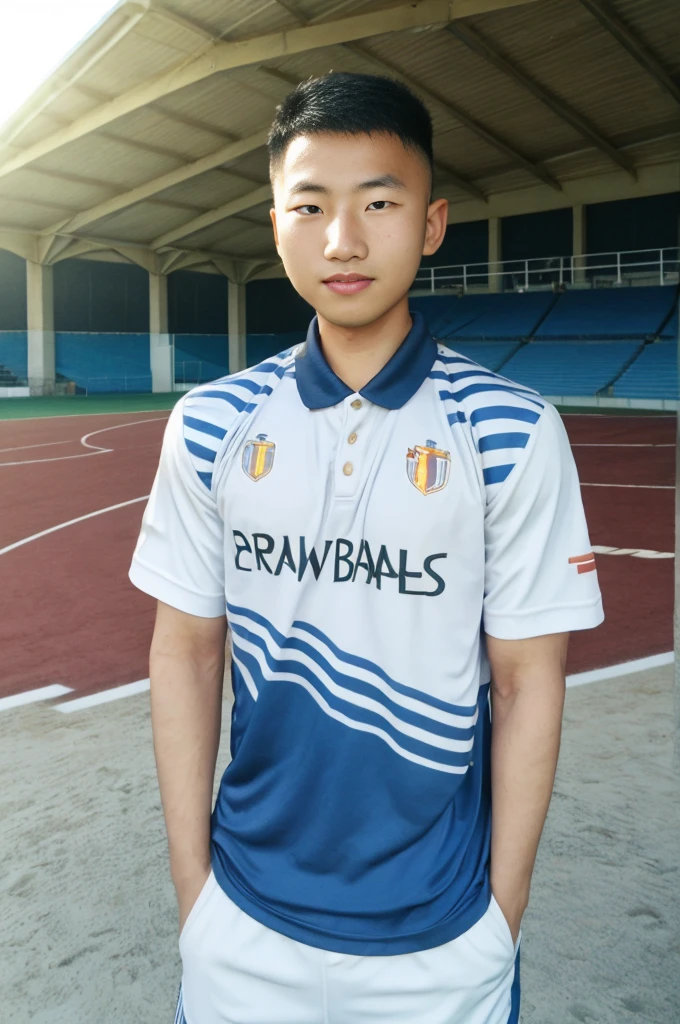 young asian man Looking at the camera in a sports shirt , Fieldside, beach, sunlight, looking at the football field