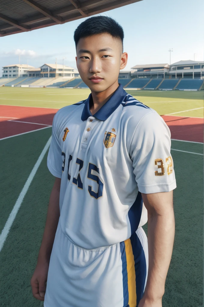 young asian man Looking at the camera in a sports shirt , Fieldside, beach, sunlight, looking at the football field