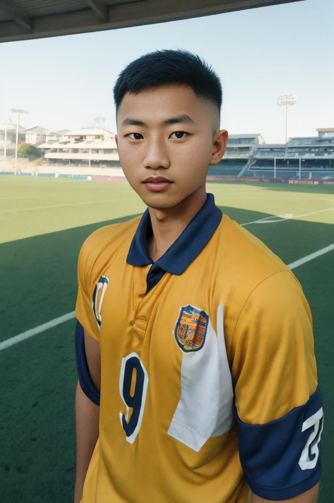 young asian man Looking at the camera in a sports shirt , Fieldside, beach, sunlight, looking at the football field