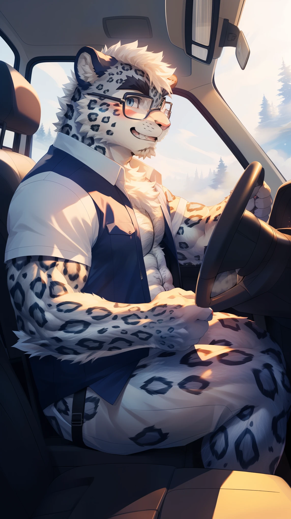 (Vision:1.5), solitary, anthropology, hairy, hairy male, snow leopard, ((Fluffy fur, Fluffy, hairy body)), (snow leopard print), (Thick eyebrows), youth, muscular, Blue-gray pupils, Detailed teeth, defaced face, fundos, driver, White vest, Glasses, Baseball cap, cab里, Driving, sideways, Shy expression, A faint smile, blush, (Dynamic poses:1.5), Clear facial features, Strong, majestic, alone, panoramic, Fog atmosphere, early morning, Tyndall light effect, cab, Sunlight through the car window, (By Empty Ghost, From snow leopard20, masterpiece, high quality, high resolution,8K)