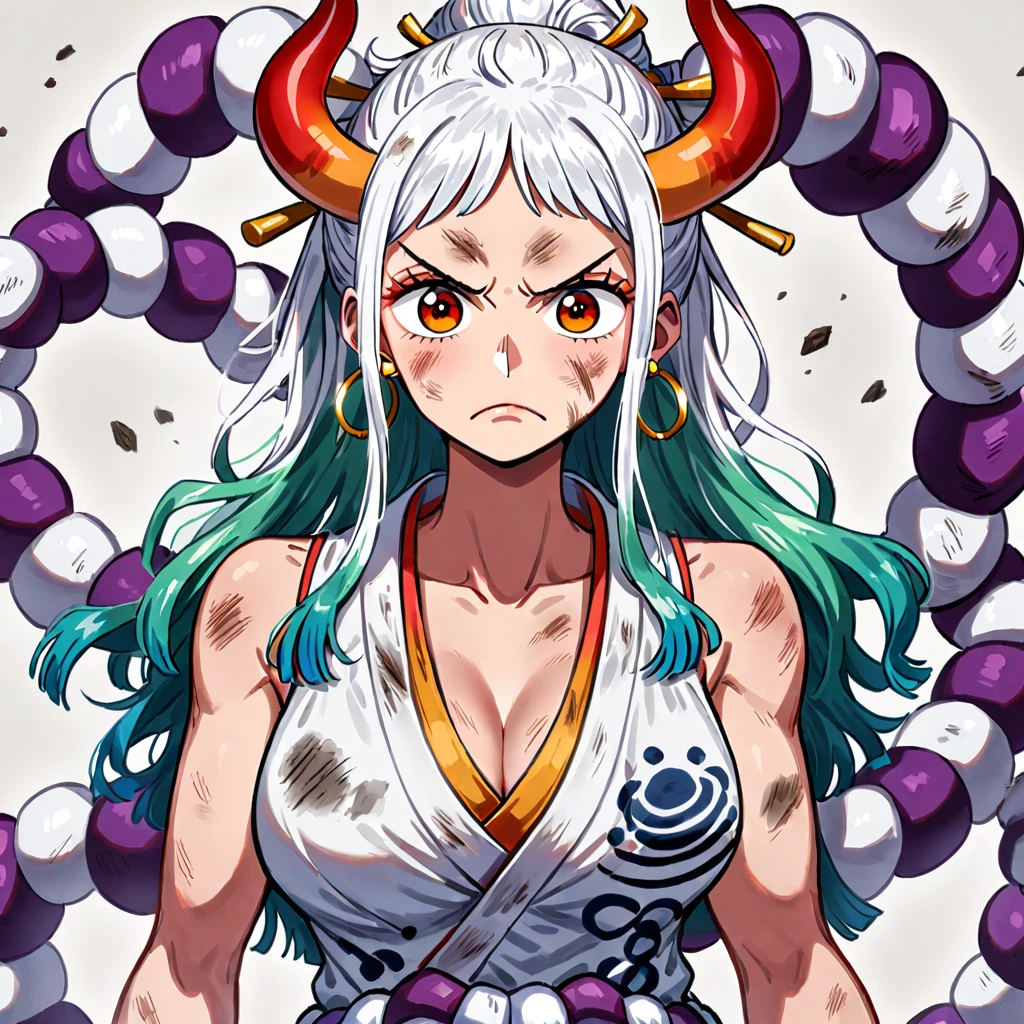 1girl, yamato (one piece), solo, horns, hair ornament, curled horns, japanese clothes, sleeveless kimono, jewelry, long hair, dirty, earrings, multicolored hair, multicolored horns, rope, white hair, breasts, hair stick, sleeveless, shimenawa, closed mouth, upper body, oni, red horns, kimono, collarbone, arms at sides, dirty face, looking at viewer, bare shoulders, bare arms, green hair, frown, scratches, dirty clothes, serious, bruise, sidelocks, hoop earrings, v shaped eyebrows, large breasts, hakama, injury, two tone hair, ((medium quality)), ((medium quality))