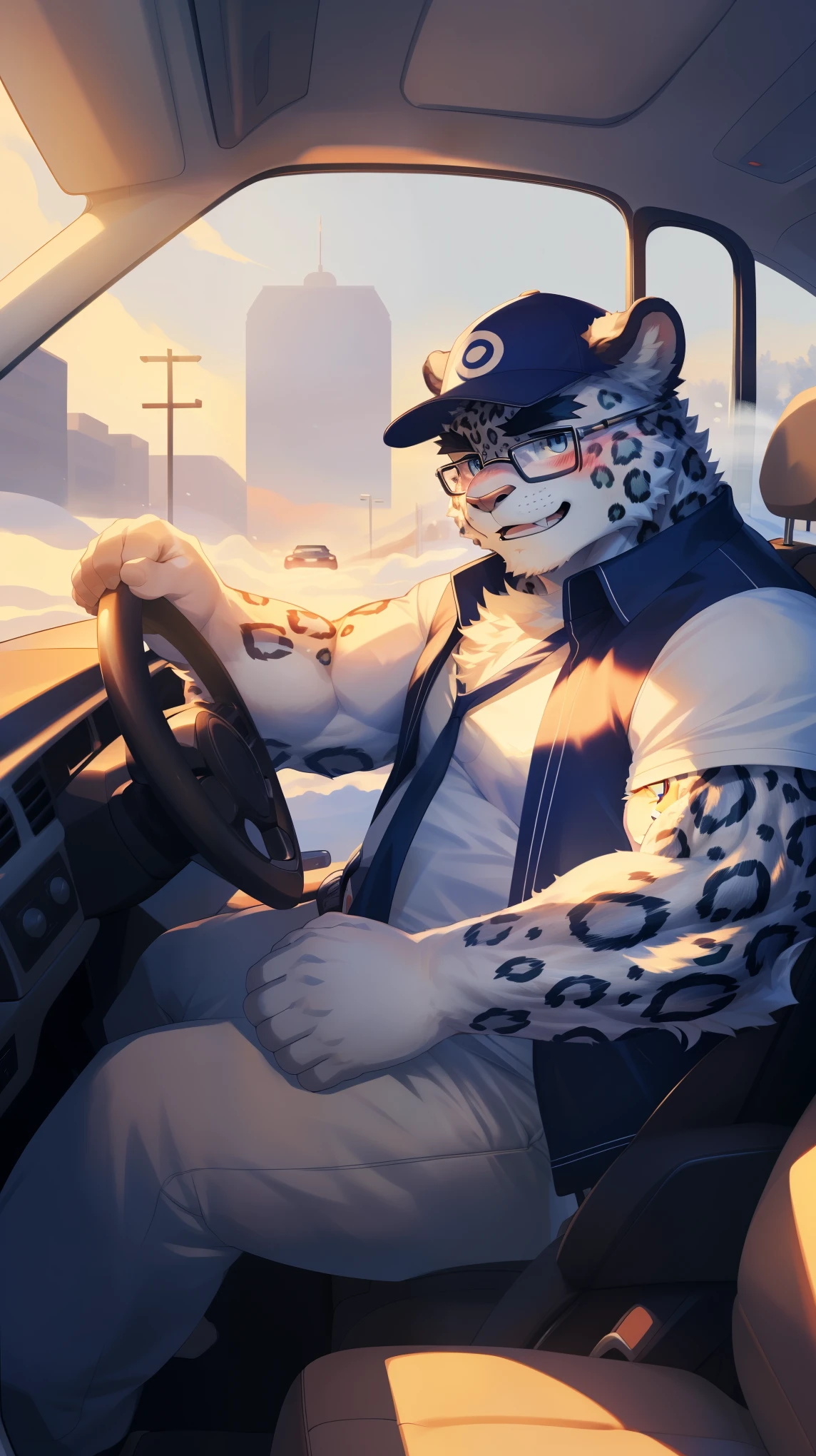 (Vision:1.5), solitary, anthropology, hairy, hairy male, snow leopard, ((Fluffy fur, Fluffy, hairy body)), (snow leopard print), (Thick eyebrows), youth, muscular, Blue-gray pupils, Detailed teeth, defaced face, fundos, driver, White vest, Glasses, Baseball cap, cab里, Driving, sideways, Shy expression, A faint smile, blush, (Dynamic poses:1.5), Clear facial features, Strong, majestic, alone, panoramic, Fog atmosphere, early morning, Tyndall light effect, cab, Sunlight through the car window, (By Empty Ghost, From snow leopard20, masterpiece, high quality, high resolution,8K)