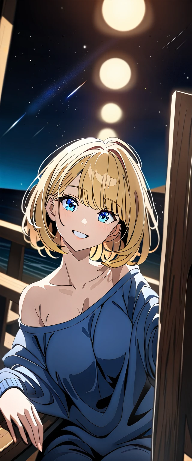 ((grin)), ((off-shoulder sweater:1.3, Quite thick shoulder straps)), ((black sweater)), ((sunglasses, hand to sunglasses)), (((from side))), ((((upper body)))), ((Leaning to side)), (((A meteor shower dancing in the night sky, countless stars twinkling in the clear air, a beautiful starry sky, the Milky Way shining beautifully in the night))), ((sitting on the very high cliff)), wavy hair, inward curled hair, sea, ((blond hair, bob cut:1.3)), breasts, teenager, (looking at viewer), oversized clothes, puffy long sleeves, collarbone, head tilt:1.3, (((blue eyes))), happy smile, (((anime style))), (best quality, 4K, 8K, highres, masterpiece:1.2, ultra-detailed, ultra-detailed eyes, HDR, uhd, studio lighting, ultra-fine painting, sharp focus, physically-based rendering, extreme detail description, professional, vivid colors, bokeh)