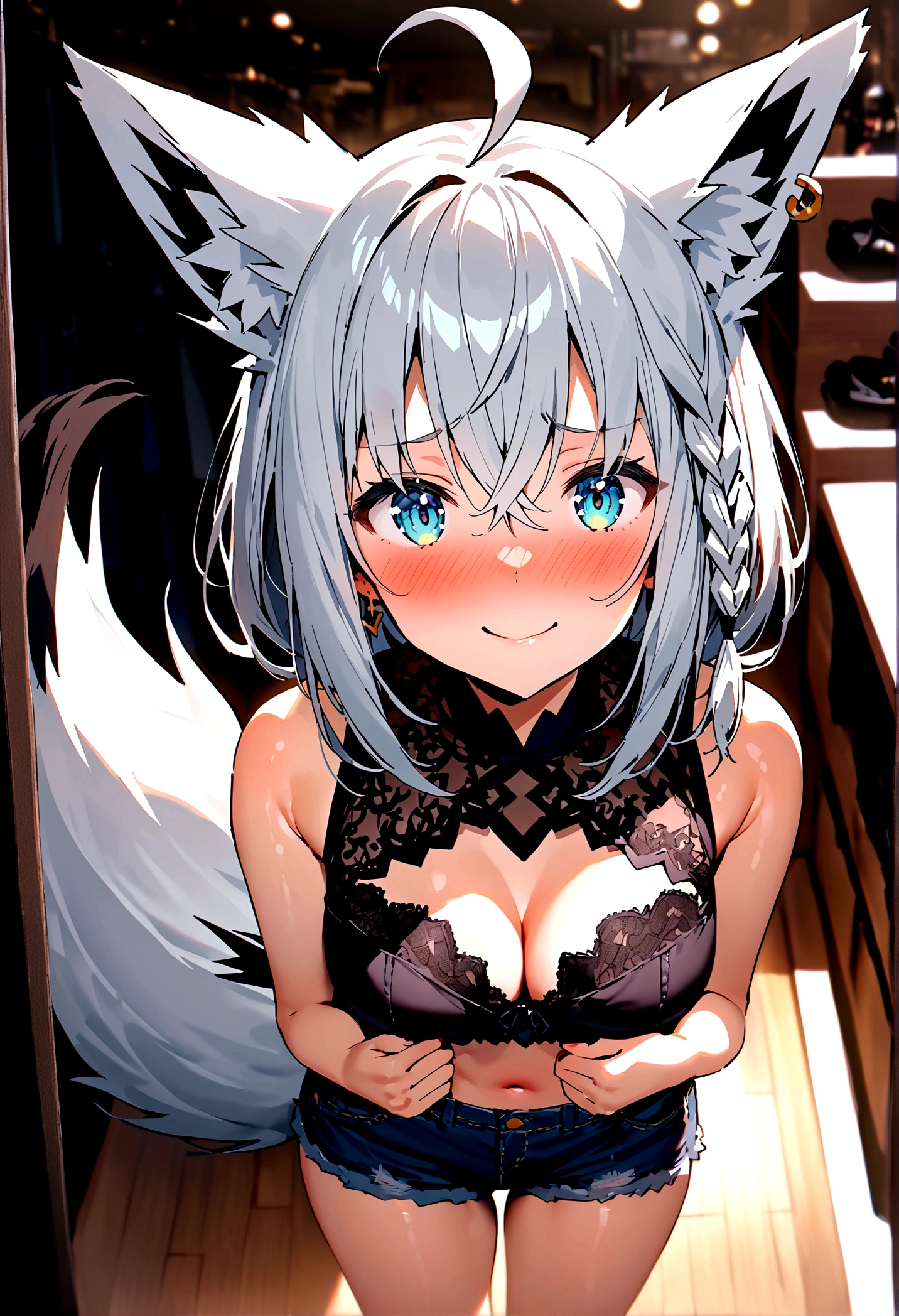 NSFW,masterpiece,Highest quality,High resolution,Super detailed,Shirakami Fubuki\(Hololive\),Gray Hair、One-sided braid、Ahoge、Earrings,Fox ears,Fox tail,Jacket,Crop top shirt,Denim shorts,Embarrassed,blush,Expecting face,Bewitching Smile,smile,Lingerie Shop,Underwear section,High-end store,Cute pose,Date,(Seduce),From above
