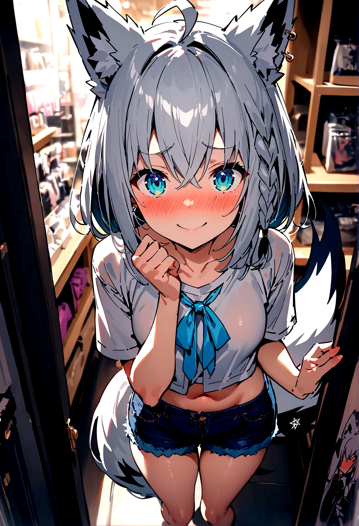 NSFW,masterpiece,Highest quality,High resolution,Super detailed,Shirakami Fubuki\(Hololive\),Gray Hair、One-sided braid、Ahoge、Earrings,Fox ears,Fox tail,Jacket,Crop top shirt,Denim shorts,Embarrassed,blush,Expecting face,Bewitching Smile,Shy smile,(Lingerie Shop),(Underwear section),High-end store,Cute pose,Date,(Seduce)