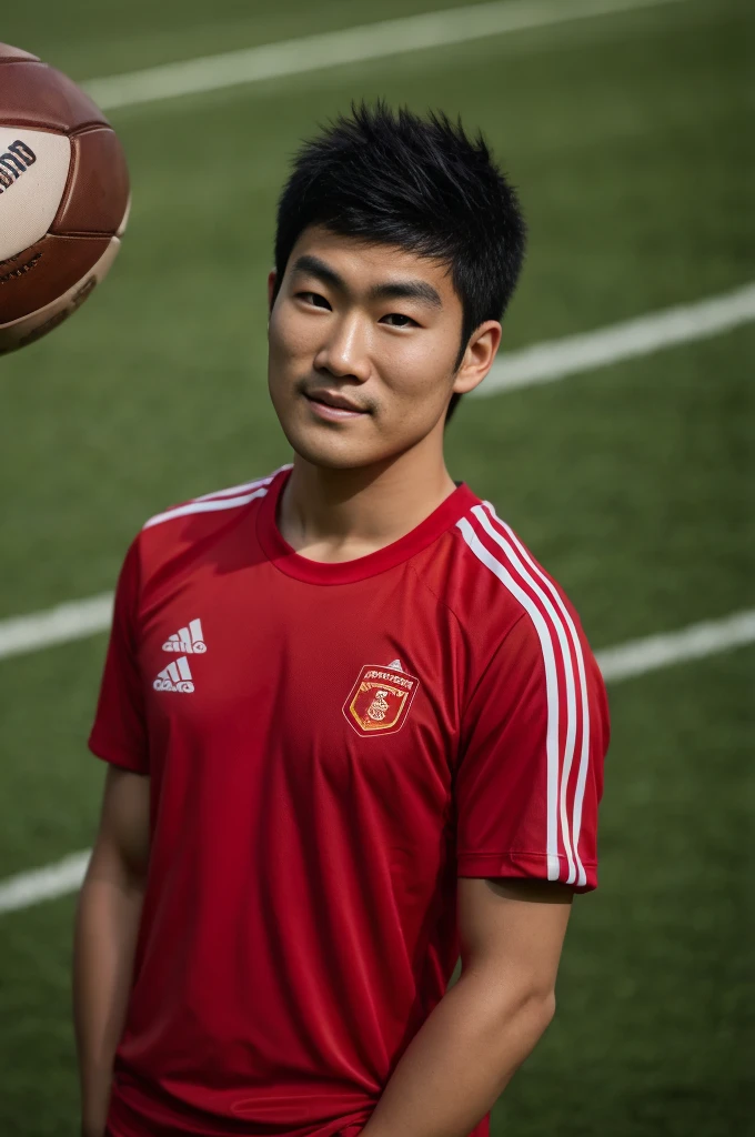 young asian man looking at camera in a red sports shirt , Fieldside, beach, sunlight, looking at the football field