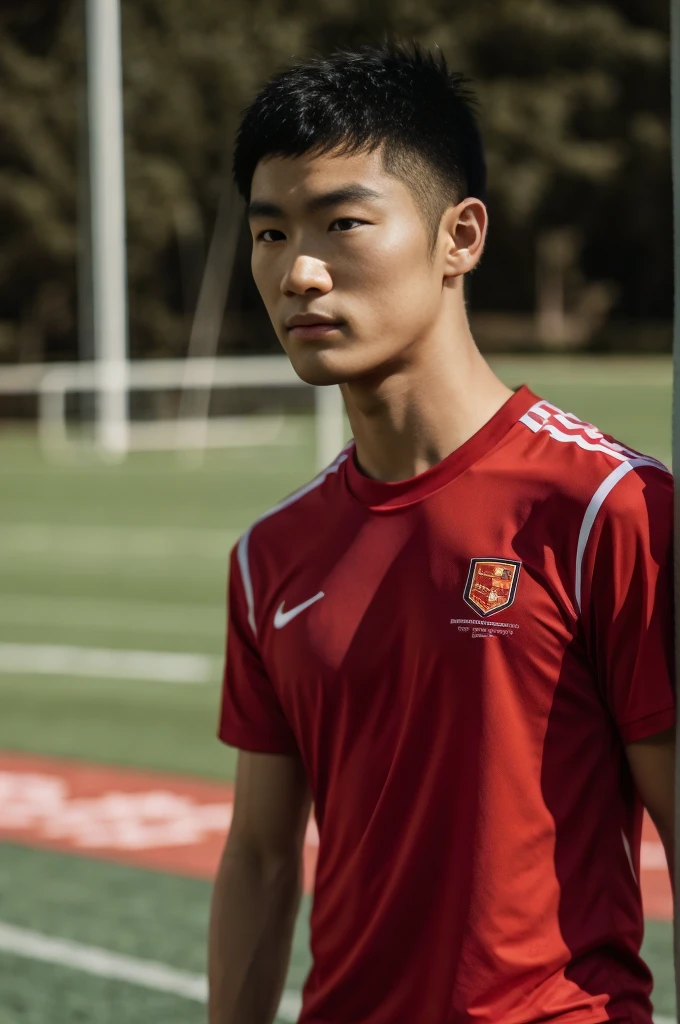 young asian man looking at camera in a red sports shirt , Fieldside, beach, sunlight, looking at the football field