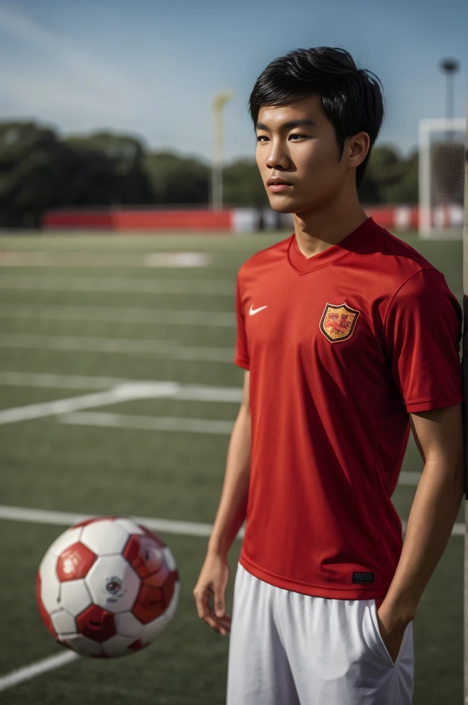 young asian man looking at camera in a red sports shirt , Fieldside, beach, sunlight, looking at the football field