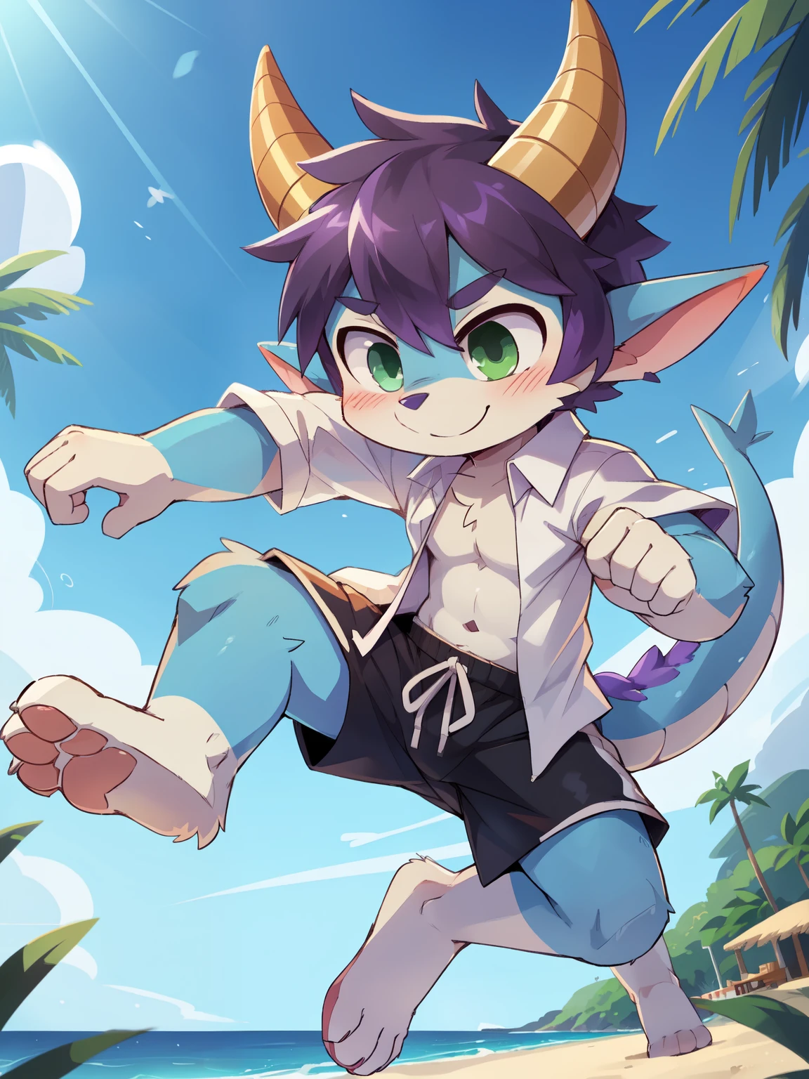 score_9,score_8_up,score_7_up, source_cartoon, source_furry, dragon boy, horns, green eyes, tail, purple hair, shota, furry, blush, dragon tail, looking at viewer, smile, dragon horns, pointy ears, short hair, furry male, (two tone body fur, blue body fur, white body fur), ((goggles, white hawaiian shirt, open clothes, black swim trunks)), clear sky, clouds, from above, dynamic action shot, motion blur, ((hand on fist)), uperbody 