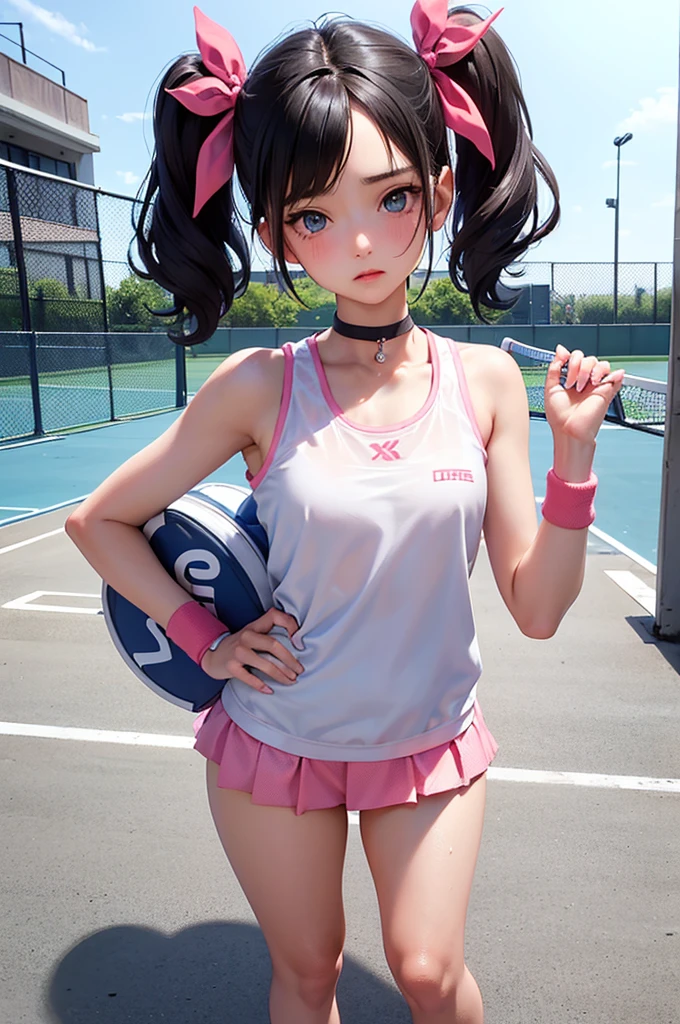 blue eyes, hair ornaments, Hair Ribbon,Show your forehead、short hair、Twin tails、 Random color tennis wear, clavicle, View your viewers,, Thighs, blush,, Lace choker, short hair,, No bra,,Highly detailed skin, Highly detailed face, (beautiful Fine grain, the girl, Red cheeks), (A girl is standing), The girl is a cute 18-year-old tennis player., (Not wearing a bra,, ((Tennis shoes)), The girl has a toned figure., Pink tennis wear, Sun visor, 汗y hair and body, Wipe your 汗 with a wristband, Tennis court, ((I took the photo from the front、Girls'Includes the whole body)), flowing、Fine grain, Perfect functionality, ( Highest quality, good quality:1.4), Intricate details,Closely、Embarrassed expression、blush、Gestures to seduce a man、Shining Sweat、Perfect Skin,Sweat is noticeable、ThighsのSweat is noticeable、 Fair skin,Tight waist, Sweating profusely、Sweaty hair、Sweaty clothes、Sweaty、Visible sweat、rain-wet hair、A vast Western church with stained glass windows、Holding a Japanese sword、Athlete System、cherry blossoms、Blonde、Silver Hair