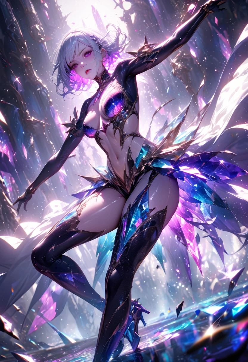 crystal covered, (Full body :1.3), alternate color, masterpiece, detailed illustration, realistic, pixiv top quality, exquisite, {{{kawaii 1girl}}}, ultra beauties who fuse with machines, glitter beautiful female, Half of my body is made of machines, cinematic lighting, dynamic angle, dynamic pose, crystal world, depth of field,Shiny socks,Crystal stockings,Crystal high heels