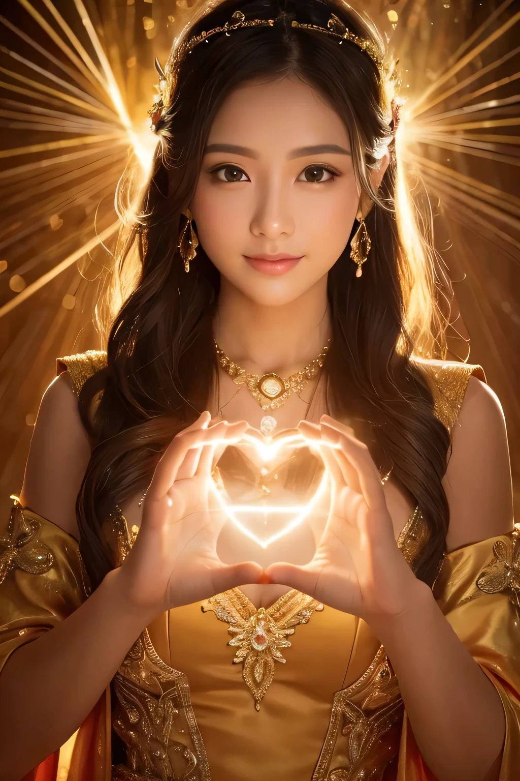 Golden Goddess Flyer, Majestic Goddess of Love and Magic, Her hands are glowing with a mysterious power.Her hands are warm and inviting.Her presence is a ray of hope and joy..Her golden aura is、It is a shining golden aura of love and protection..Shooting star glow,Golden Moonlight,Beautiful fingers,A dazzling heart-shaped golden light shines from her fingertips.,