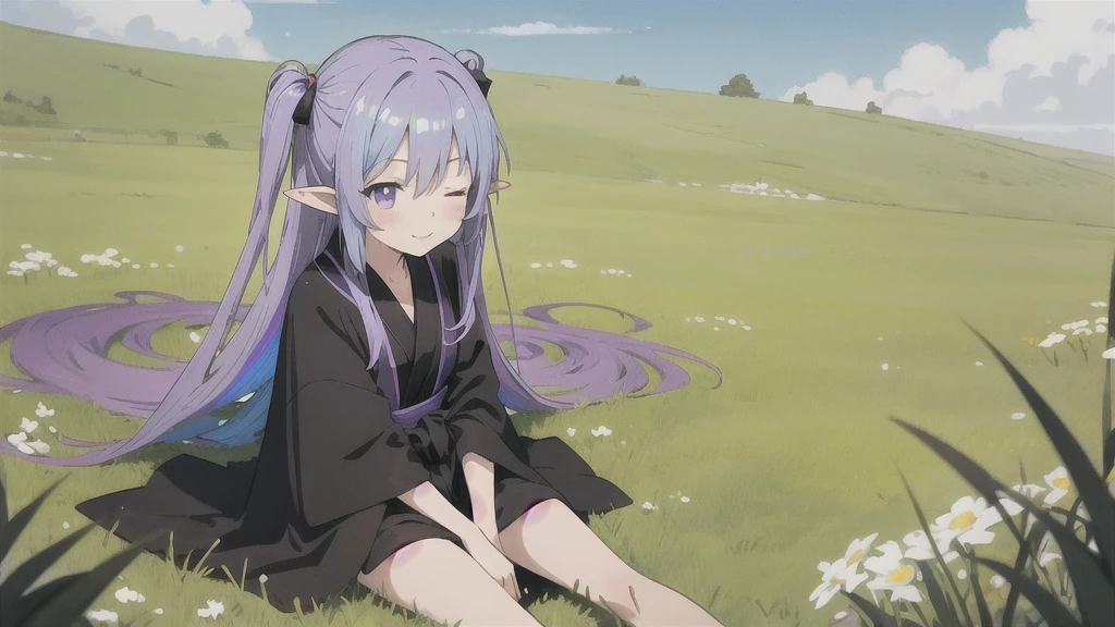anime girl long purple hair wearing a black Robe. she has pointy ears. Manga kawaii. iridescent ,An illustration, 0ne person .Sitting in the grass, Eyes closed