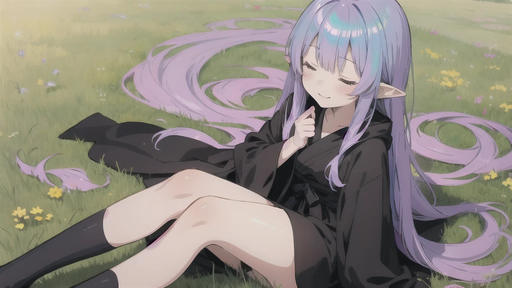 anime girl long purple hair wearing a black Robe. she has pointy ears. Manga kawaii. iridescent ,An illustration, 0ne person .Sitting in the grass, Eyes closed