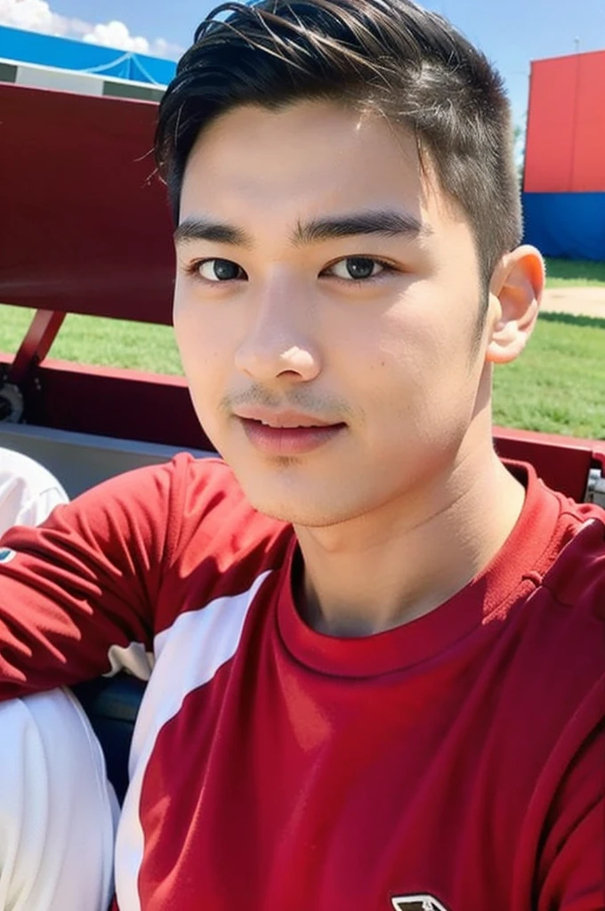 young asian man looking at camera in a red sports shirt , Fieldside, beach, sunlight, looking at the football field