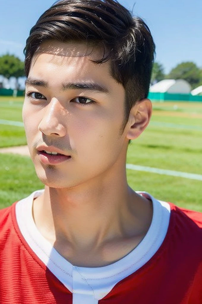 young asian man looking at camera in a red sports shirt , Fieldside, beach, sunlight, looking at the football field