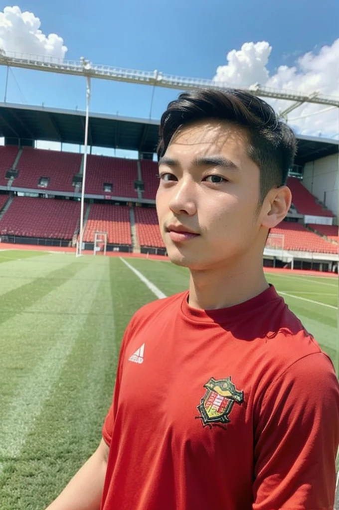 young asian man looking at camera in a red sports shirt , Fieldside, beach, sunlight, looking at the football field