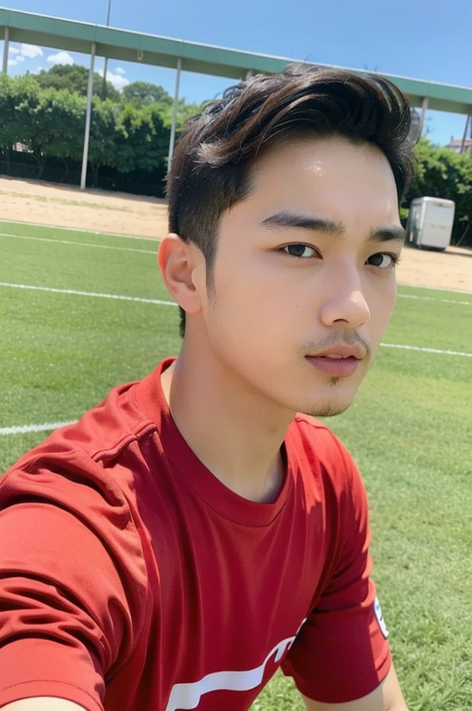 young asian man looking at camera in a red sports shirt , Fieldside, beach, sunlight, looking at the football field