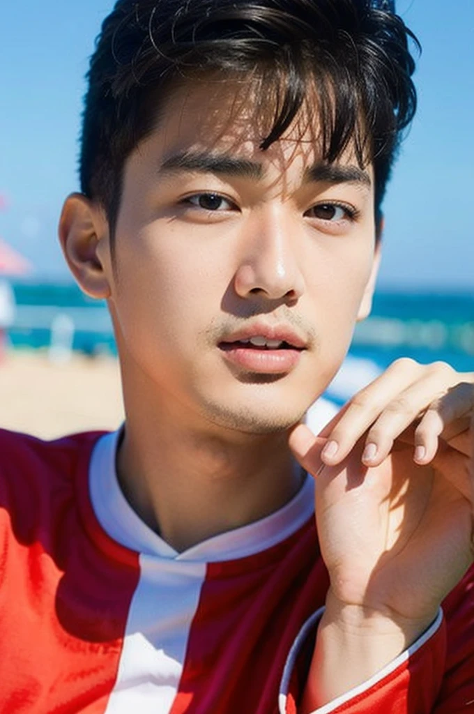young asian man looking at camera in a red sports shirt , Fieldside, beach, sunlight, looking at the football field