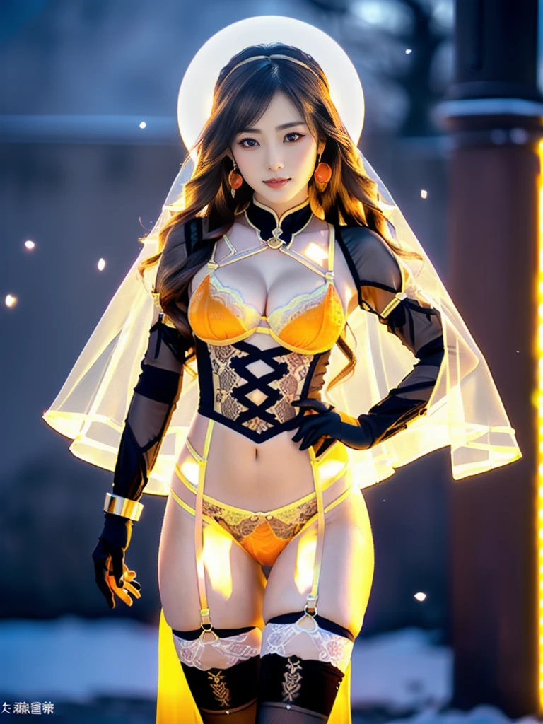 An Asian Chinese female model, (background:Room),(background:night), (8K Ultra HD, Digital SLR Camera, Soft Light, high quality, Volumetric Lighting, frank, photo, high resolution, 4K, 8K, Bokeh), ((Create stunning images of real girls), warm light, Dynamic poses, Elegant Posture, Cowboy lens, Full body front view, From the front,Be confident, Front of the body facing the camera, Standing posture facing the camera, Open your legs slightly, Golden Ratio Graphics, Minimalism), (Show a charming smile, Willow Leaf Eyebrows, big eyes, Apricot eye prick, Cherry Blossom, Balanced Eyes, Oval face, Pretty Face, Normal facial features, Skin is transparent and visible, Thin skin and tender meat, cosmetic, earrings, bracelet, necklace, Jewelry, veil, Hair accessories), (Brown hair, Wavy curly hairstyle, Waist-length hair, Messy Hairstyle, Gradient hairstyles, Cyberpunk hairstyle), ((Transparent clothes:1.5), (Color of clothes:Tropical Orange), Transparent Clothes, Lace clothes, Mesh clothes, 透明Mesh clothes, Lace sexy lingerie), (Sexy, Perfect breast shape, Teardrop-shaped chest shape, Snow-white breasts, very detailed breasts, 34E cup, Exposing the southern breast), (Super high waist clothes, Chest hollow,(Camel toe, High fork strangulation)), (Black socks, Sheer lace knee socks, 吊garter, Leg ring, garter, 腿部garter)