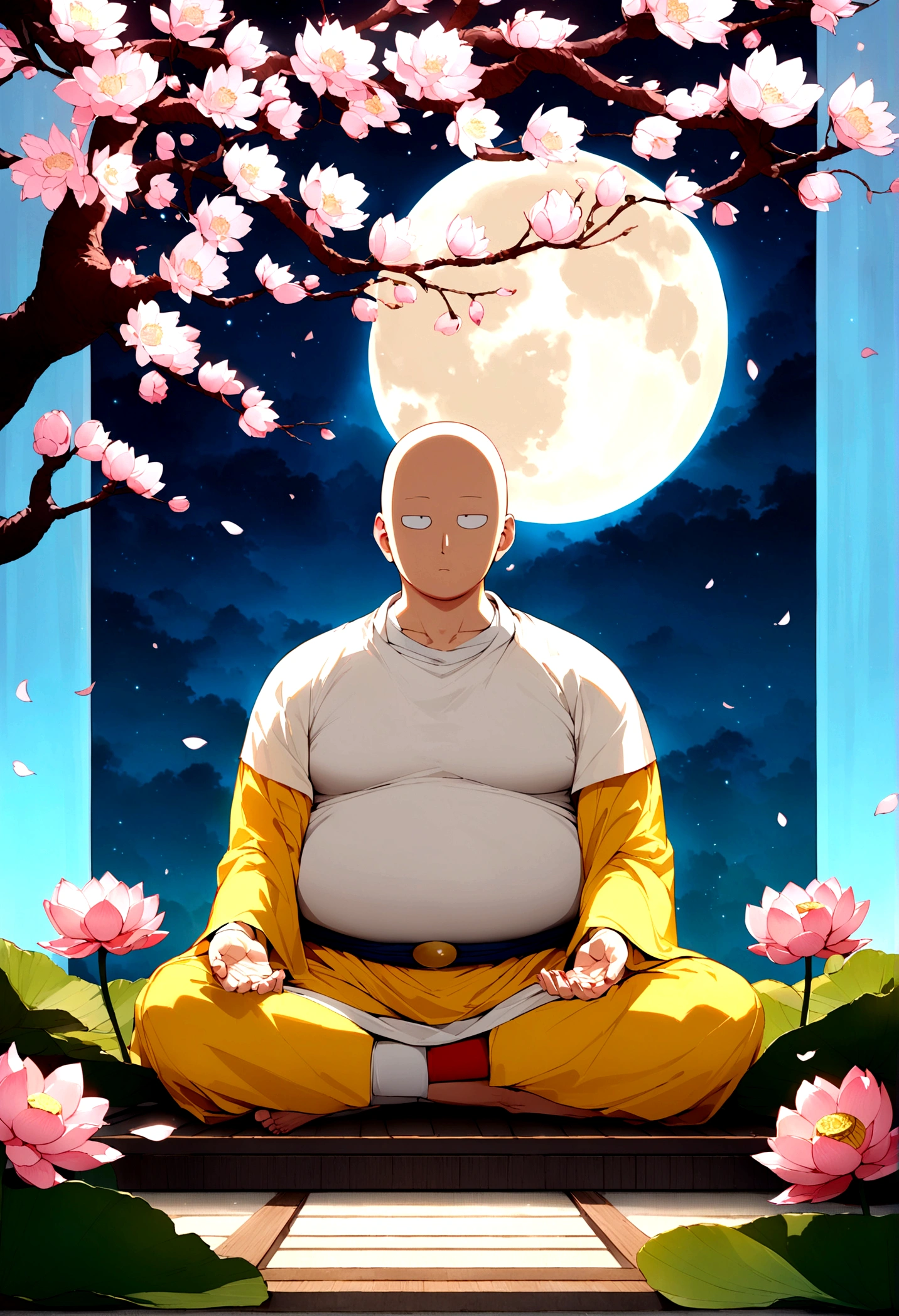 Saitama, who looks a little overweight, is meditating, Cherry blossom garden at night, Full moon and lotus、The Buddha is watching