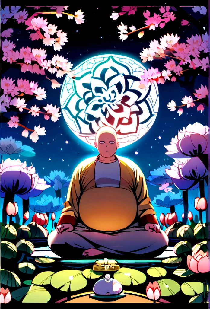 Saitama, who looks a little overweight, is meditating, Cherry blossom garden at night, Full moon and lotus、The Buddha is watching