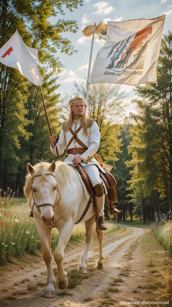 illustration of a man with blond hair on a horse with a large Belarusian white-red-white flag, man riding a white horse, 20th century propaganda poster, Slavic mythology, bright sun. realistic colors, fields
