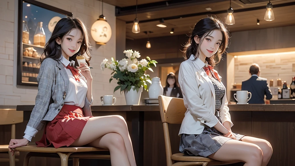 8K、RAW Photos、Highest quality、Super detailed、Super Resolution、Ultra HD、8K壁紙、Amazing details blazer uniform girl ((White blouse with formal collar, A nice red blazer, Black plaid skirt, Red checkered ribbon on blouse)), Complete limbs, Full Finger, 
((((Inside the Starbucks store))))、16 year old female student、(((Eat cake、Drink coffee、smile)))、Heart Necklace、Gold bracelet
((Emphasize cleavage))
((((Woman sitting at the window seat))))
