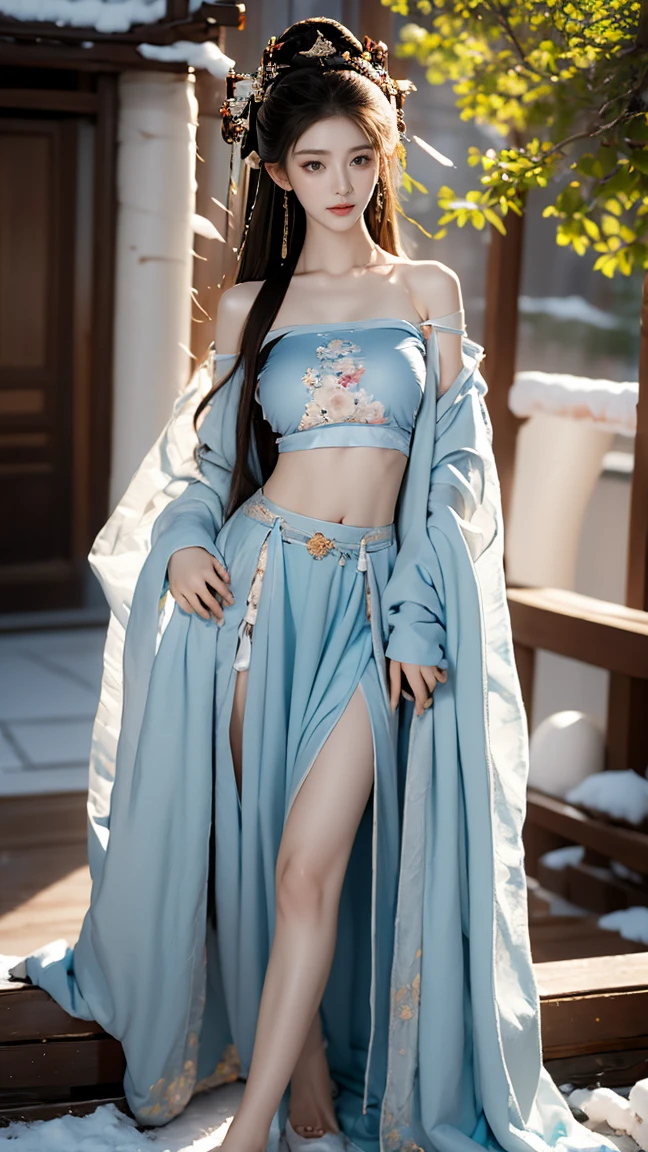 Best image quality,Very detailed,Very high resolution,Perfect body proportions,Works of top photographers。Beautiful Hanfu girl,Long eyelashes,big eyes,Shining eyes,Eye bags,Full lips,Small nose,Happy expression,Sweet,Exquisite makeup,full-body shot,snow White, The legs are thin and straight,Snow-white skin,White embroidered skirt,neckLace,Show off long legs,Lace,Sweet,Long hair flying,best quality,masterpiece,full-body shot,Face Focus,The chest is very prominent,Thin waist,Snow-white belly,belly button,Imagine,Seven-part shooting model: Hanfu, CFG scale: 7, Laura: Future Fashion(0.4)、rainbow(0.4)、Martial Arts(0.2)、Asian face woman-2(0.4)、Poetic fairy tale(0.01)