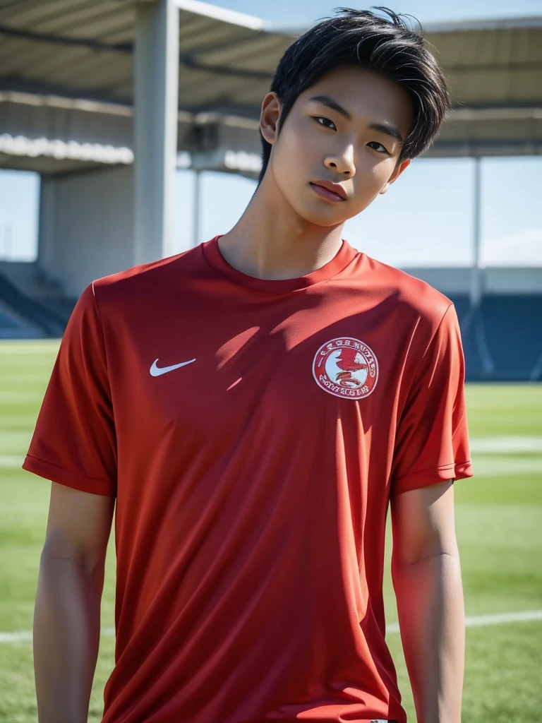 young asian man looking at camera in a red sports shirt , Fieldside, beach, sunlight, looking at the football field